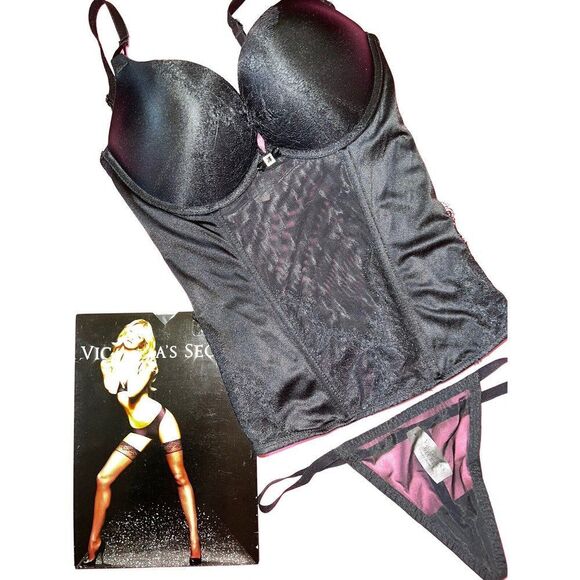 Victoria's Secret 34B BOMBSHELL CORSET+S thong BLACK chantilly lace VERY SEXY